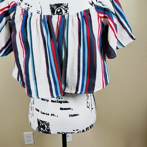 Lost  Wander white crop top women Striped Off Shoulder Crop Top size L boho - Picture 11 of 14